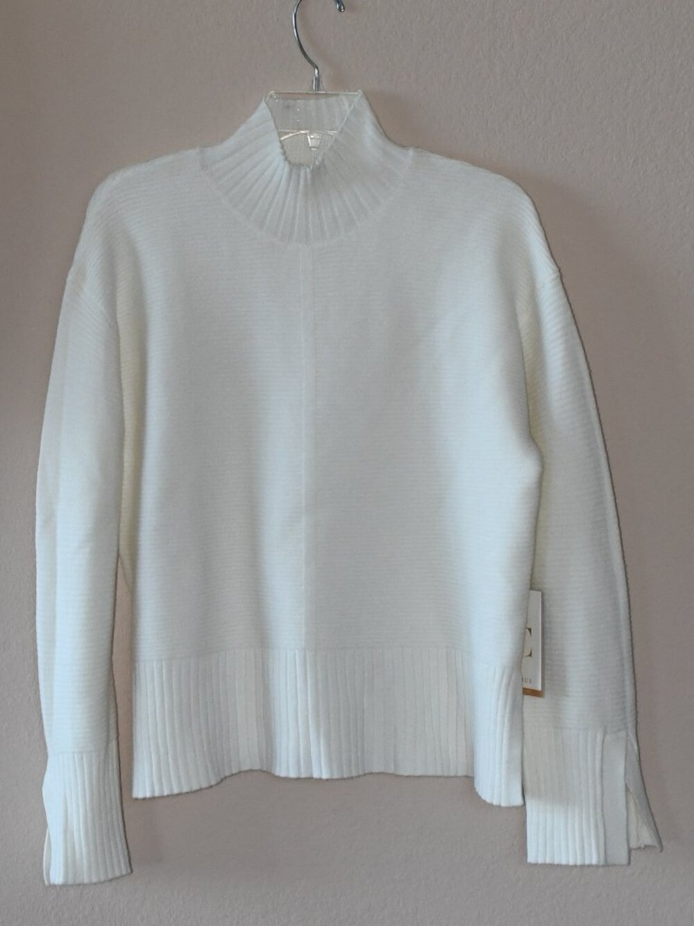 Cyrus Women's Cream Rib Knit Mock Neck Sweater Long Split Hem Sleeve Size Small